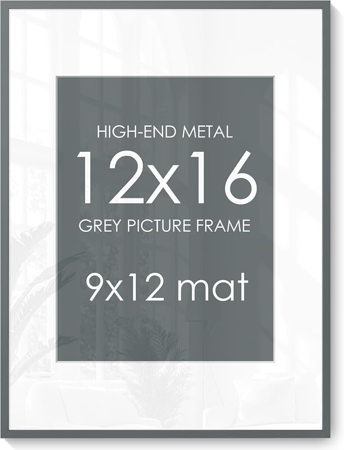 FLYJOE 12x16 Picture Frame for 9x12 Photo, Minimalist Aluminum Frame, Gray | Sleek Metal Frame for Wall, Desk & Gift | Shatterproof Glass & Hardware