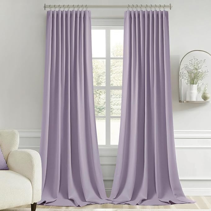 MIULEE Lilac Back Tab Blackout Curtains 108 Inch Long 2 Panels Set for Bedroom, Rod Pocket/Pinch Pleat Extra Long Thermal Insulated Living Room Darkening Pleated Light Blocking Drapes
