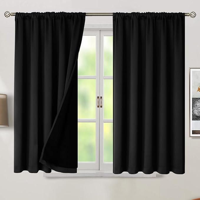 BGment Short Black Full Blackout Curtains with Liner Thermal Curtains 45 Inch Long, Rod Pocket and Back Tab Double Layer Black Out Privacy Curtains for Bedroom (52 x 45 Inch, 2 Panels)