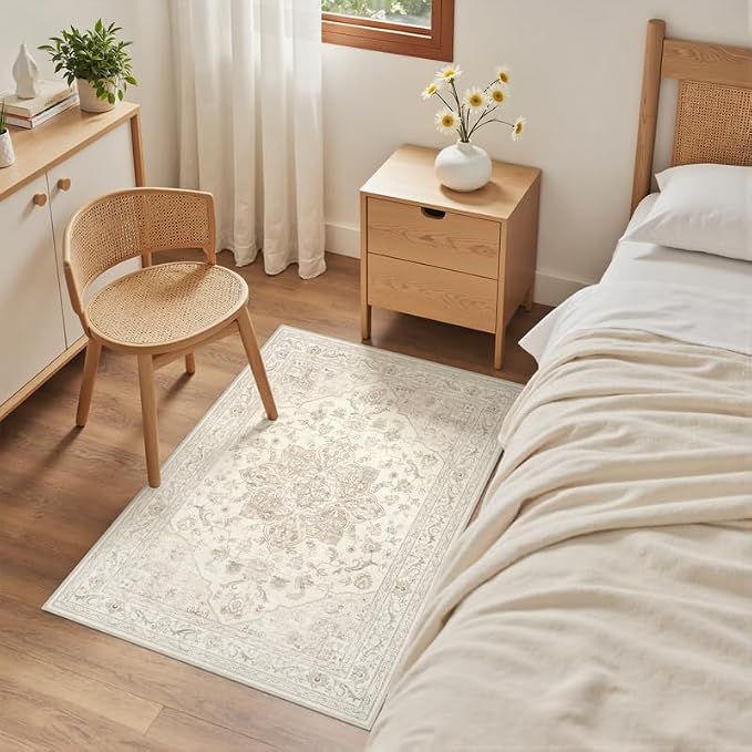 Machine Washable Area Rugs 2x3: Vintage Boho Neutral Washable Rug Indoor Soft Small Entryway Throw Carpet for Living Room Bedroom Kitchen Laundry Floor Non-Slip Low Pile Entrance Rug Beige White