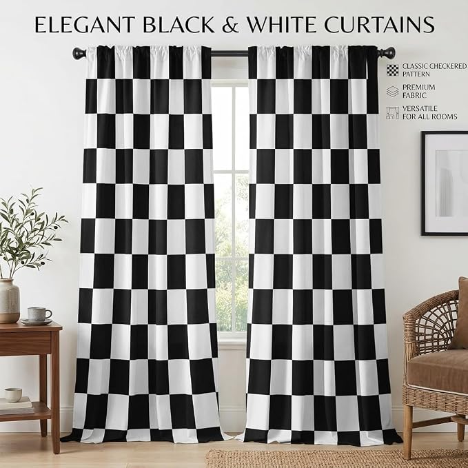 Black and White Curtains for Bedroom,Rod Pocket Checkered Semi Sheer Curtains Retro Plaid Light Filtering Curtains & Drapes for Living Room,Set of 2 Modern Window Curtain Panels,52 x 84 Inch