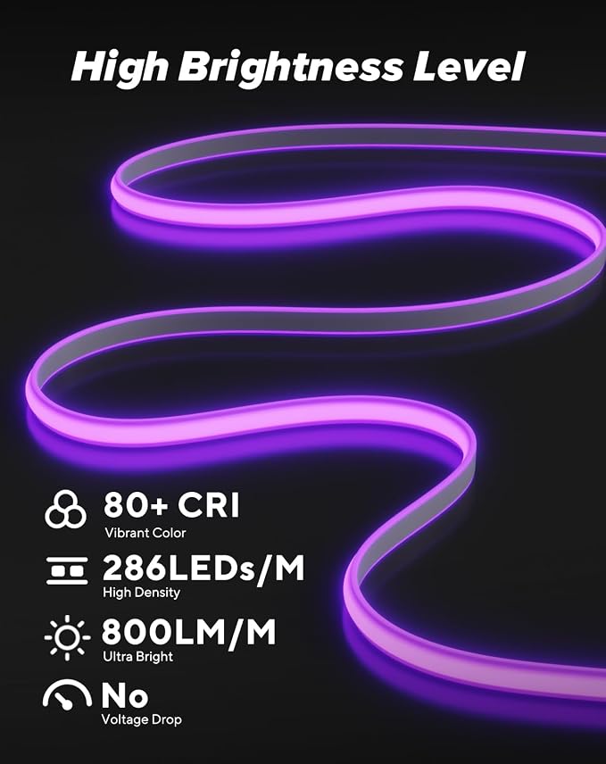 Shine Decor COB LED Rope Light AC 120V, 800lm Ultra Bright, IP65 Waterproof Cold-Resistant ETL Neon Strip, No Driver Tape Lighting for Home Commercial 10x4.5mm, Purple, 16.4ft