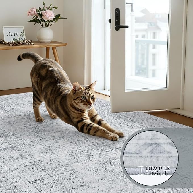 Round Area Rug for Living Room: 8ft Vintage Boho Neutral Washable Circle Rug Soft Large Circular Carpet for Bedroom Nursery Farmhouse Dining Room Office Floor Non-Slip Low Pile Under Table Rug Gray