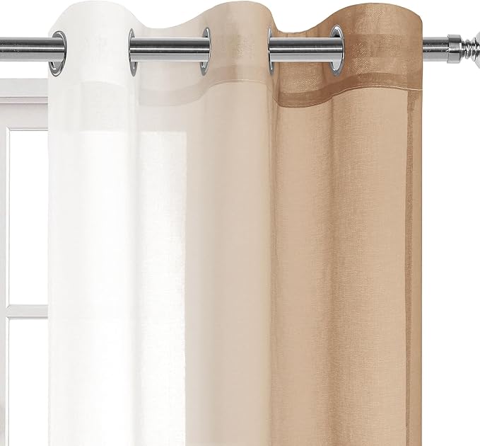 DWCN Taupe Faux Linen Ombre Sheer Curtains - Gradient Semi Voile Curtains for Bedroom and Living Room, Set of 2 Grommet Top Window Curtain Panels, 42 x 63 Inches Long, Taupe