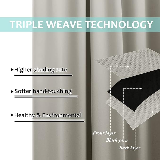 NICETOWN Natural Blackout Curtains 80 inches Long, 2 Pieces, 37" Wide Each Panel, Full Light Blocking Drapes with Black Liner for Nursery, Noise Reducing Thermal Insulated Draperies for Doorway