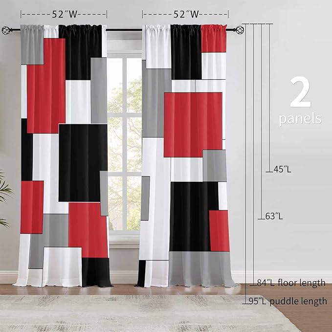 Black and Red Curtains for Living Room 52W x 84L Inch Length Geometry Curtains Modern White Grey Abstract Rod Pocket Curtain for Bedroom Kitchen Room Window Drapes 2 Panels