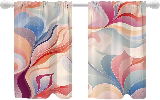 Shrahala Colorful Waves Blackout Curtain Tiers, Fluid Abstract Pattern Kitchen Valance Light Blocking Tier Drapes with Rod Pocket, 2 Pack 26 X 36 in
