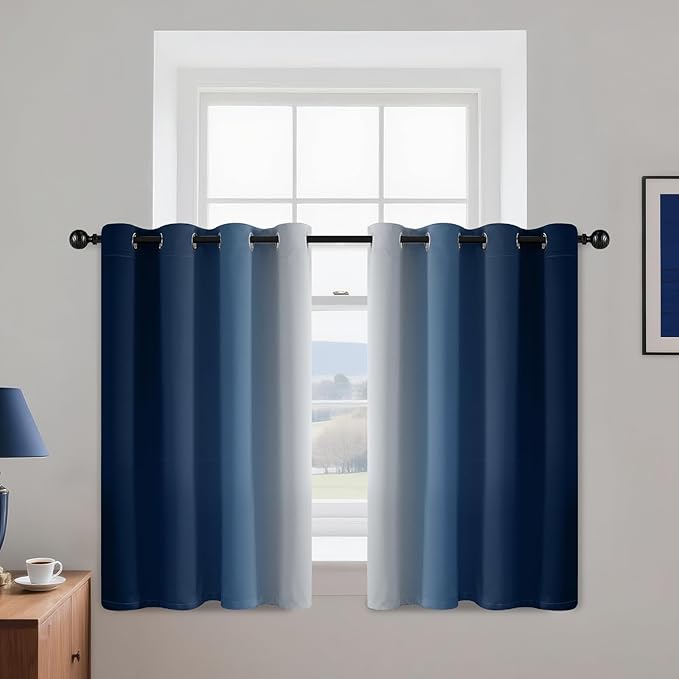 Yakamok Ombre Curtains Blue and Greyish White for Living Room,52Wx36L | Room Darkening Curtains 36,Thermal Insulated Gradient Color Drape,Light Blocking Grommet Window Curtains for Bedroom,2 Panels