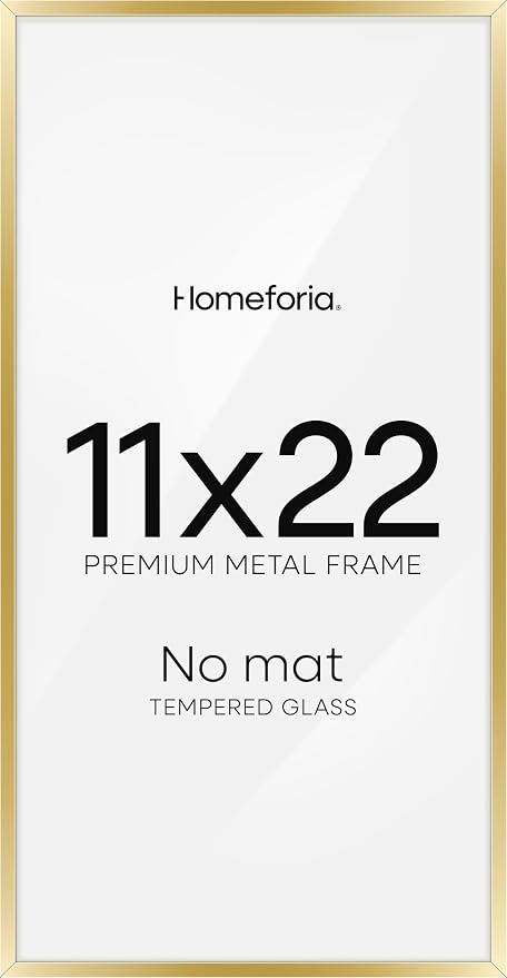Homeforia 11x22 Newspaper Frame Gold, High End Metal 11 x 22 Picture Frame without Mat, 22x11 Thin Gold Poster Frames for Wall, 11 by 22 inches Display Photo Frames, Tempered Glass, Wall Kit, Set of 2