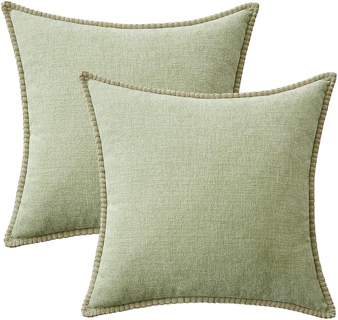 MIULEE Pack of 2 Summer Throw Pillow Covers 18x18 Inch Light Green Farmhouse Decorative Pillow Covers with Stitched Edge Soft Chenille Solid Dyed Pillow Covers for Couch Sofa Bed Living Room