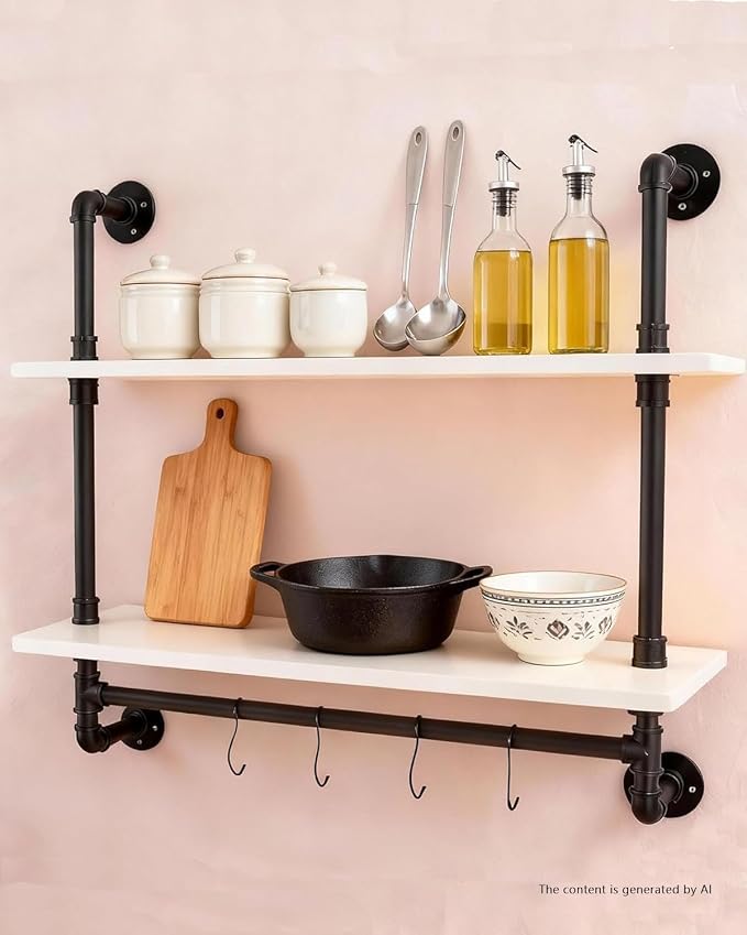 ROGMARS White Floating Wall Shelves Industrial Pipe Shelving 30 Inch | Wood Bathroom Shelves with Towel Bar Over Toilet, Rustic Farmhouse Pipe Wall Shelves for Kitchen Living Room