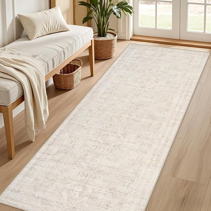 2'6''x8' Hallway Washable Runner Rug: Vintage Boho Neutral Kitchen Rug Soft Small Area Rug Indoor Floor Non-Slip Low Pile Carpet for Farmhouse Entryway Laundry Bathroom Bedroom Beside Rugs Beige