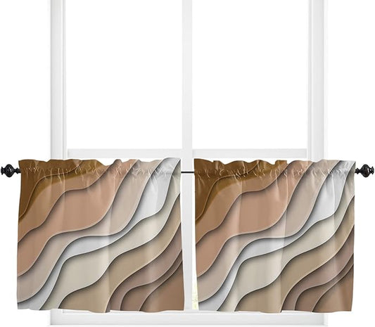 24 Inch Long Tier Curtains for Kitchen, Modern Abstract Geometric Brown Gradient Bathroom Window Curtains Rod Pocket Short Curtains Window Treatment Tiers for Living Room Farmhouse 2 Panels