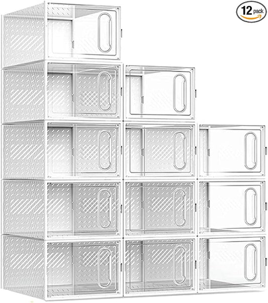 12 Packs Clear Plastic Shoebox With Magnetic Door, Large(13" × 9" × 5.6") Stackable Shoe Box Storage With Lids, Multifunctional Sneaker Containers, Toy Storage, Space-Saving Shoe Rack White