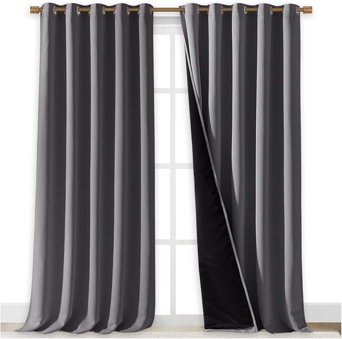 NICETOWN 100% Blackout Blinds, Laundry Room Decor Window Treatment Curtains for Large Patio Sliding Door, Thermal Insulated Grey Curtains for Bedroom, Set of 2, 70 inches x 108 inches
