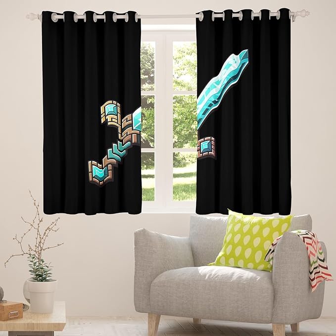 Castle Fairy Blue Sword Window Curtain,Pixelated Check Sword Bedroom Decor Curtains,Sandbox Block Gaming Window Treatment Kids Teens Modern Black Games Theme Blackout Drapes 2 Panels,38Wx54L
