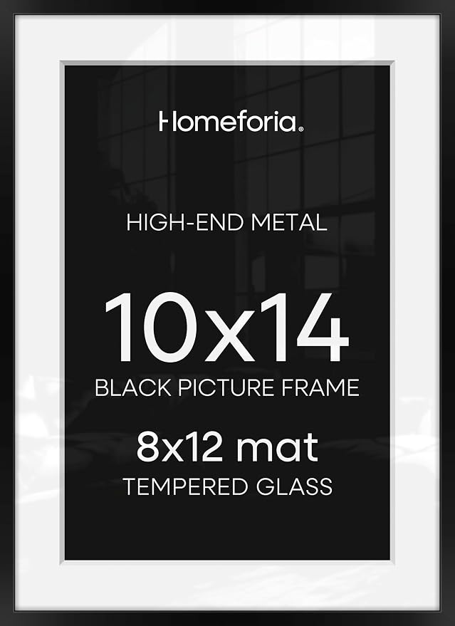 Homeforia Black 10x14 Picture Frame, High End Metal 10x14 Poster Frames with Mat 8x12, 10 x 14 Black Frame Matted to 8 x 12 inch Photo, 10 by 14 Thin Hanging Frames, Tempered Glass, Wall Kit, Set of 2
