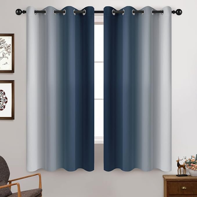 Yakamok Ombre Curtains Navy Blue and Greyish White for Living Room,52Wx63L | Room Darkening Curtains 63,Thermal Insulated Gradient Color Drape,Light Blocking Grommet Window Curtains for Bedroom,2 Panels