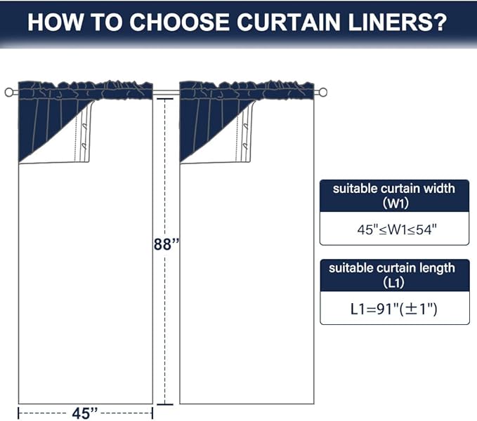 NICETOWN Blackout Curtain Liners for 95" Curtains - Black Out Curtain Liners for Drapes, Blackout Fabric Liners for Bedroom (Hooks Included) 2 Panels, 45W by 88L Per Panel Inches, Black
