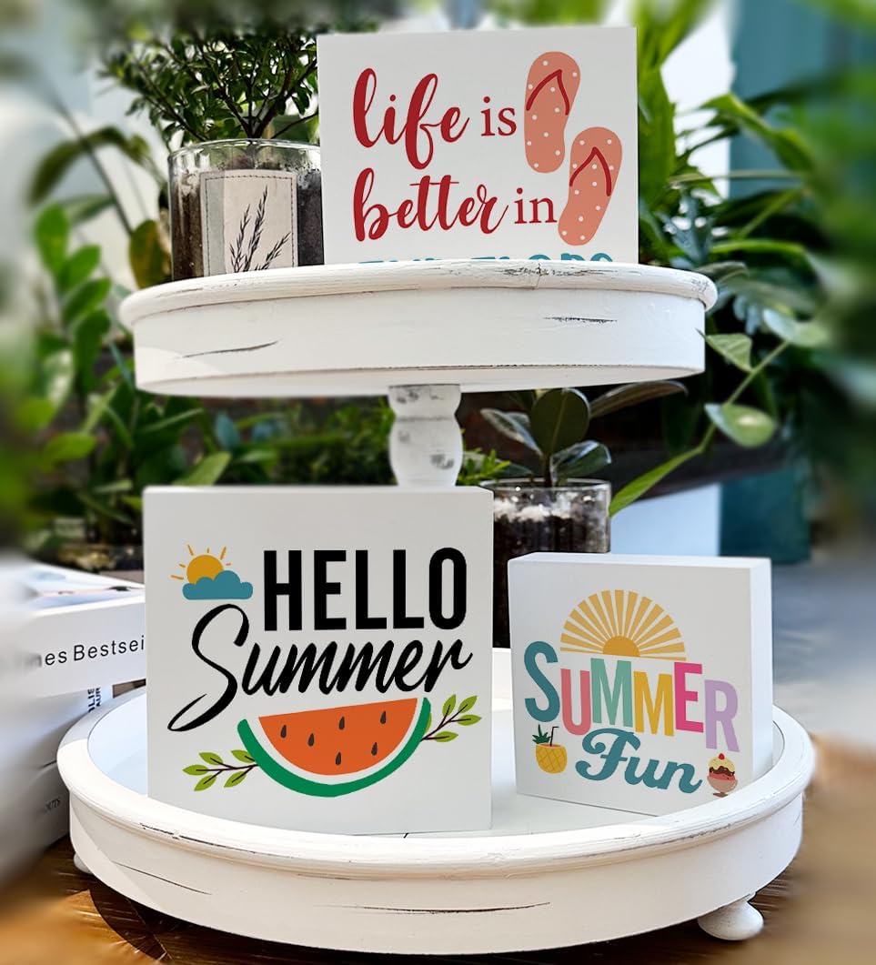 Summer Decor for Home Hello Summer Tiered Tray Decor 3 Pcs Wood Decorative Signs Table Desk Shelf Decoration