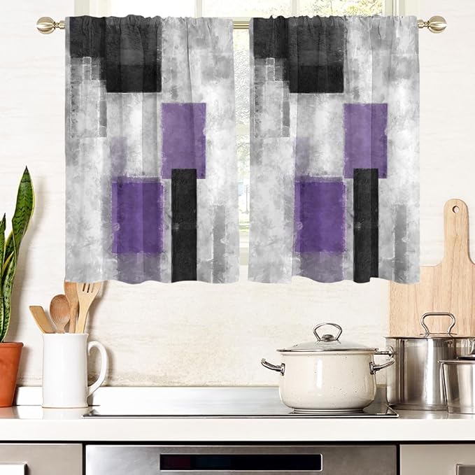 AAtter Purple Grey and Black Window Curtains for Kitchen Abstract White Lavender Silver Small Short Home Living Room Bedroom Bathroom Drapes Treatment Tiers Fabric 1 Pair, 27.5" W x 39" L, Modern