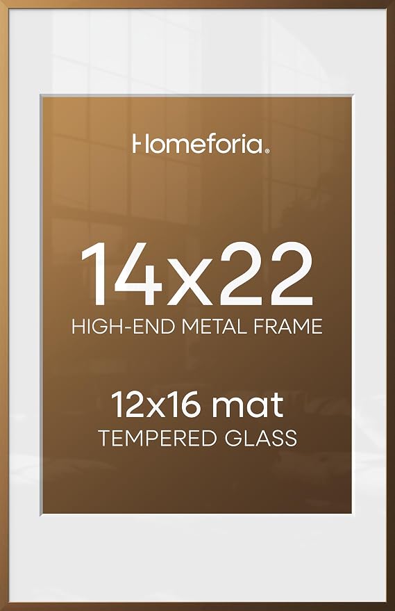 Homeforia 14x22 Picture Frame Bronze, High End Metal 14x22 Brass Poster Frames with Mat 12x16 for Photo, 14 x 22 Frame Matted to 12 by 16 Print, 22x14 Hanging Frame, Tempered Glass, Wall Kit, Set of 1