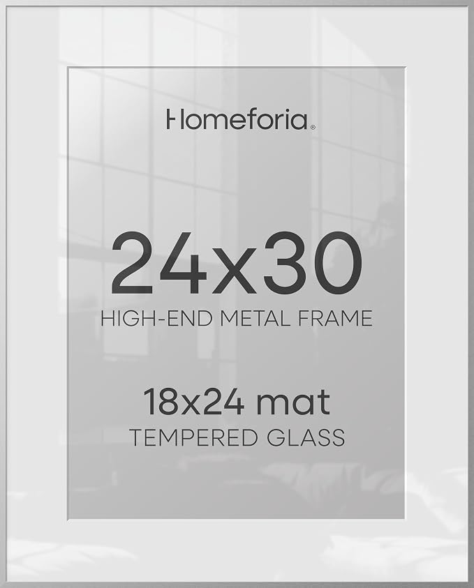 Homeforia Poster Silver Frame 24x30, High End Metal 24 x 30 Large Picture Frames with Mat 18 by 24 for Photo, 24x30 Silver Frames Matted to 18x24 Print, 30x24 Frame, Tempered Glass, Wall Kit, Set of 2