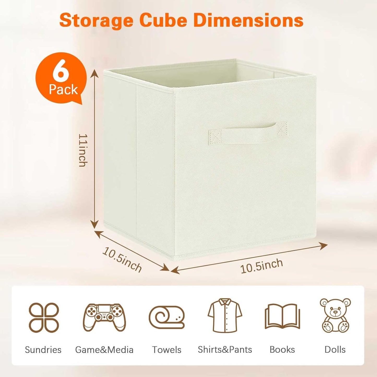 GhvyenntteS Storage Cubes, 11 Inch Cube Storage Bins with Dual Handles, Collapsible Fabric Storage Bins for Shelves Closet, Storage Baskets for Organizing Clothes, Bedding, Toys, Books (6 Pack, Beige)