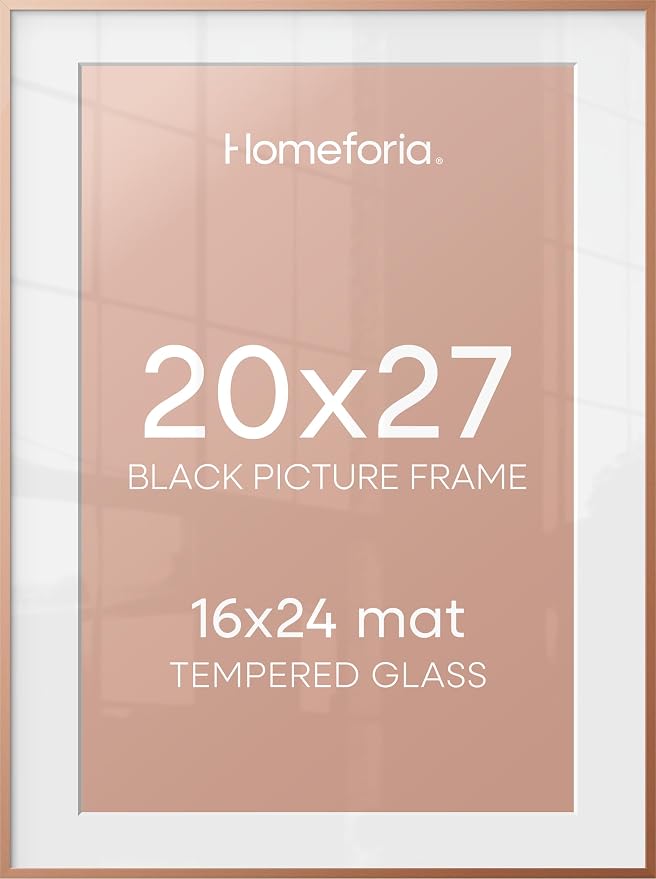 Homeforia 20x27 Picture Frame Rose Gold, High End Metal 20x27 Poster Frames with Mat 16x24 Photo, 20 x 27 Rose Gold Frame Matted to 16 by 24 Print, 27x20 Thin Frame, Tempered Glass, Wall Kit, Set of 1