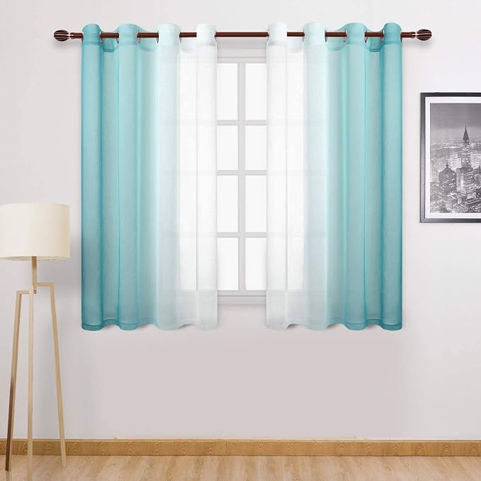 DWCN Faux Linen Grommet Ombre Sheer Curtains - Semi Voile Gradient Bedroom and Living Room Curtains, Set of 2 Window Curtain Panels, 52 x 63 Inch Length, Teal