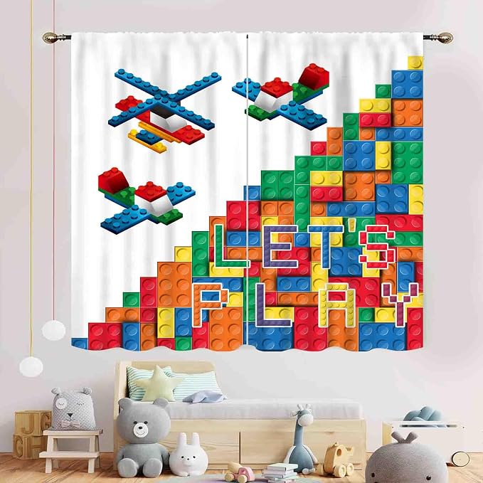 Building Blocks Curtains for Boys Room, Abstract Colorful Plastic Building Brick Blocks Geometric Helicopter Aircraft Pattern Window Drapes for Baby Bedroom Living Room, 84"x84" Inch