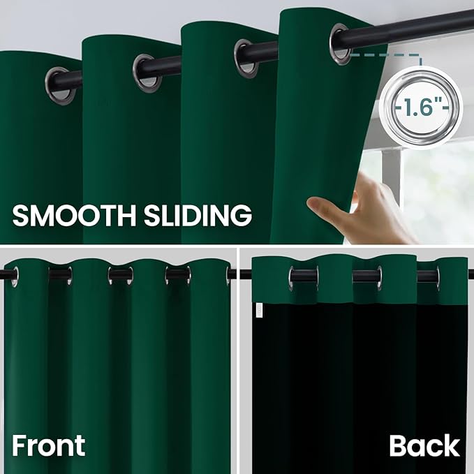 COSVIYA 100% Green Blackout Curtains for Bedroom Kids Room 63 Inches Length 2 Panels Set, Full Light Blocking Thermal Insulated Grommet Nursery Window Treatment Drapes with Black Liner,W40 x L63