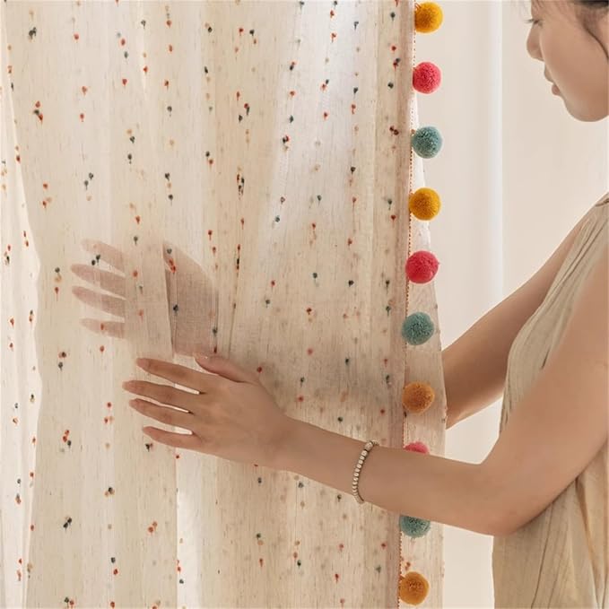 Boho Rainbow Sheer Curtain with Colorful Pom Pom Voile Drapes Faux Linen | Light Filtering Stripe Pompom Rod Pocket Window Drapes for playroom Bedroom/living room 2panels (W52 X L84 Inch-2PCS,White)