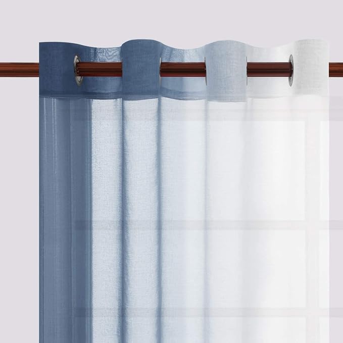 DWCN Ombre Short Sheer Curtains - Faux Linen Semi Voile Gradient Light-Filtering Bedroom and Living Room Curtains, Set of 2 Grommet Top Window Drape Panels, 52 x 45 Inch Length, Denim Blue