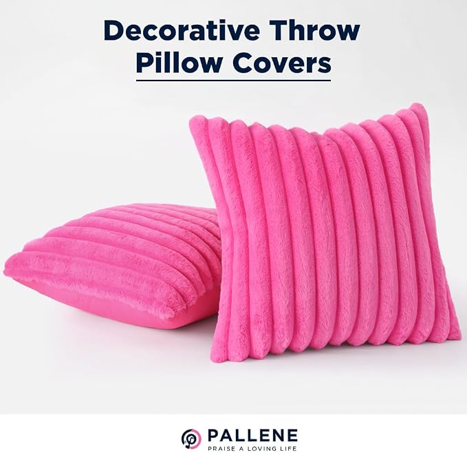 Pallene Faux Fur Plush Throw Pillow Covers 24x24 Set of 2, Luxury Soft Fluffy Striped Decorative Pillow Covers for Sofa, Couch, Living Room, Hot Pink