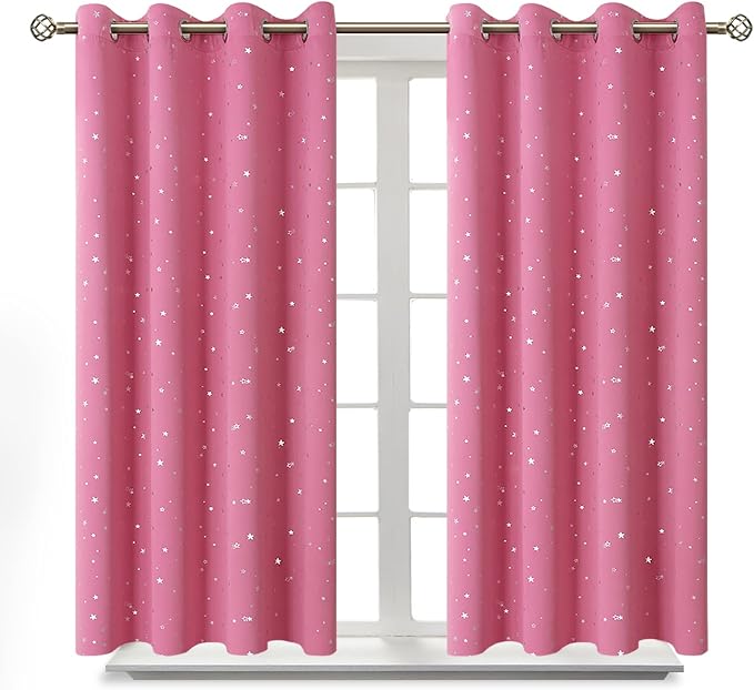 BGment Kids Blackout Curtains for Bedroom - Grommet Thermal Insulated Silver Star Print Room Darkening Curtains for Living Room, Set of 2 Panels (46 x 54 Inch, Pink)