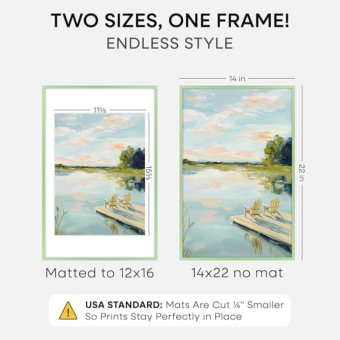 Homeforia 14x22 Picture Frame Sage Green, High End Metal 14x22 Poster Frames with Mat 12x16 inch Photo, 14 x 22 Sage Green Frame Matted to 12 by 16 Art, 22x14 Frame, Tempered Glass, Wall Kit, Set of 1