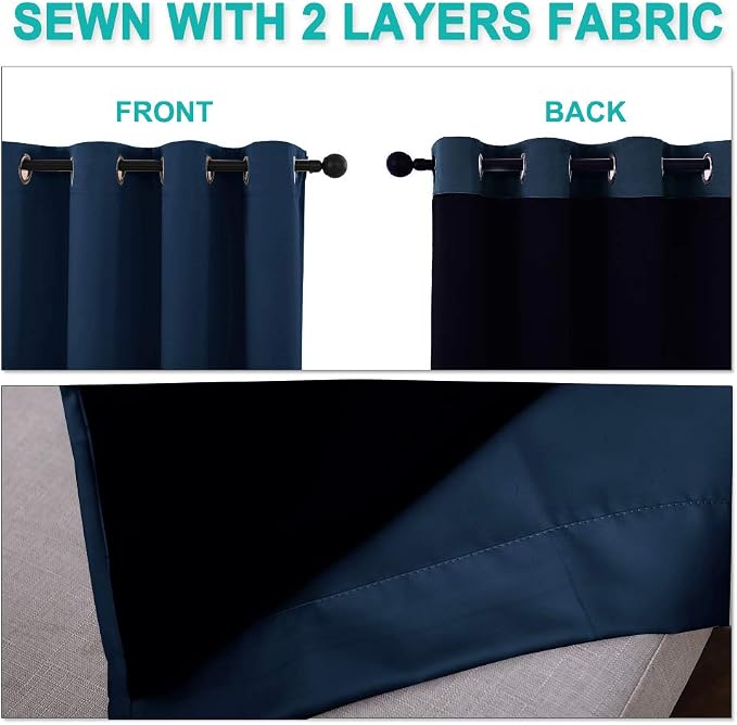 NICETOWN 100% Blackout Curtain Set, Thermal Insulated & Energy Efficiency Window Draperies for Guest Room, Full Shading Panels for Shift Worker and Light Sleepers, Navy Blue, 37W x 40L, 2 PCs
