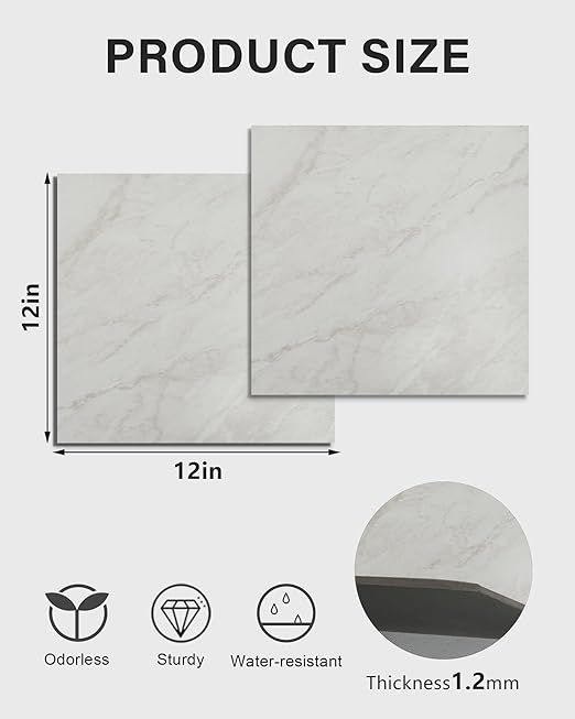 12" x 12" Peel and Stick Floor Tile, Self Adhesive Vinyl Flooring, 20 Tiles Grayish White Marble Pattern Peel and Stick Tile for Kitchen, Bedroom, Cover 20 Sq. Ft DIY Floor Tiles