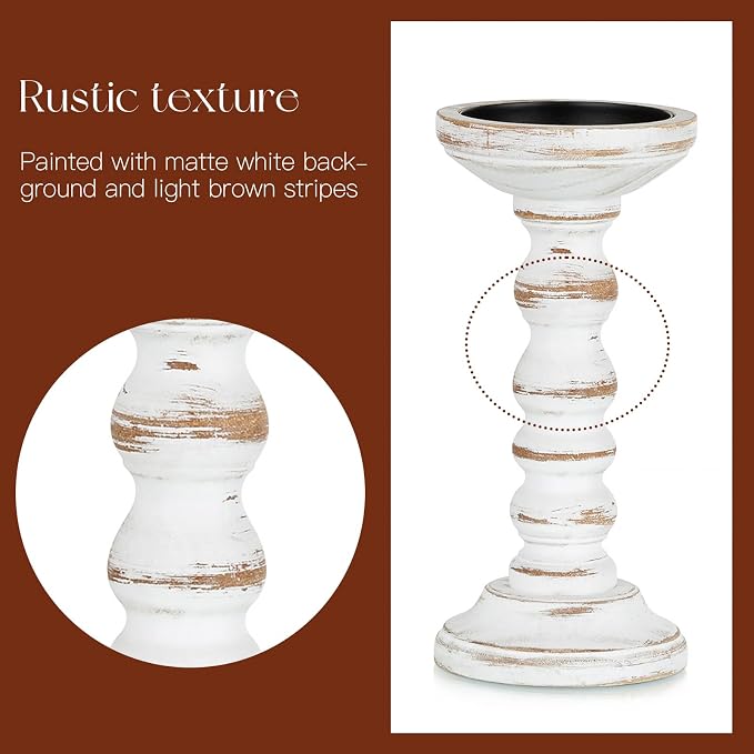 Candeldo Wood Candle Holders for Pillar, White Farmhouse Fireplace Decor | Set of 3, Table Centerpiece, Tall Shabby Chic Decor, Wooden Rustic Decoration for Mantle