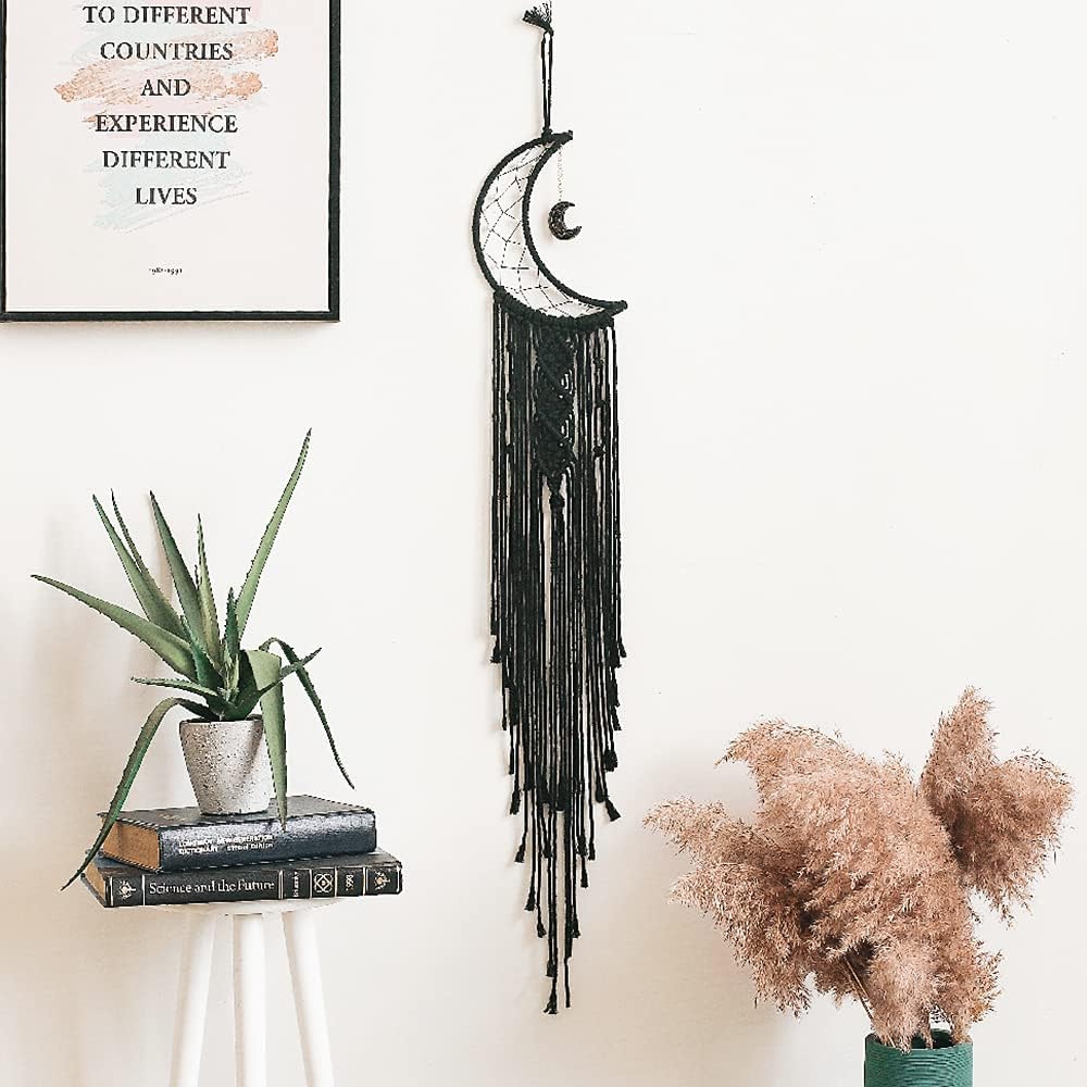 MOONFLY Black Moon Dream Catcher with Handmade Woven Cotton Dream Catchers Boho Macrame Wall Hanging Home Decoration Ornament Craft Gift (Black Moon)