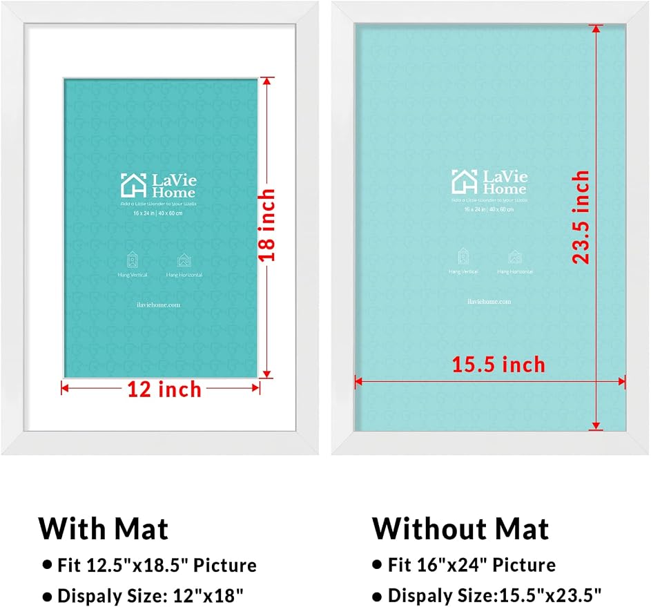 LaVie Home 16 x 24 Poster Frame White, Display Pictures 12x18 with Mat or 16x24 Without Mat, Stable and Sturdy Picture Frame and Polished Plexiglass, Horizontal and Vertical Format of The Wall（1 Pack）