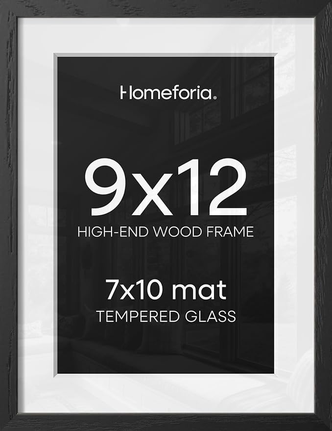 Homeforia 9x12 Black Wood Picture Frame, High End Oak 9 x 12 Frames with Mat 7 by 10 Art, 9by12 Black Wooden Frame Matted to 7x10 inch Photo, Wall or Tabletop Frame, Tempered Glass, Wall Kit, Set of 3