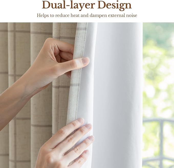 THREE GIRLS Plaid Pinch Pleated Curtains - Modern Luxury Linen Buffalo Blackout Drapes, Thermal Insulated Double Layer Window Panels for Living Room Bedroom, 120 Inches Long Brown 2 Panels Set