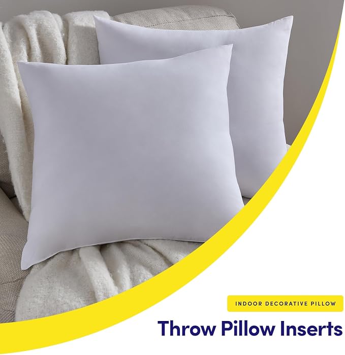 20X20 Pillow Inserts - Throw Pillow Set - Cushion Inserts for Decorative Throw Pillows Covers - Soft & Supportive Pillows for Couch, Sofa, Bed, or Chair, 2 Pack - 20" x 20"