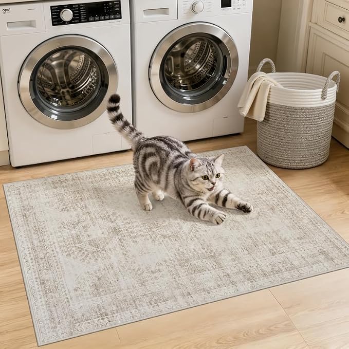 Machine Washable Area Rugs 2x3: Vintage Boho Neutral Washable Rug Indoor Soft Small Entryway Throw Carpet for Living Room Bedroom Kitchen Laundry Floor Non-Slip Low Pile Entrance Rug Brown
