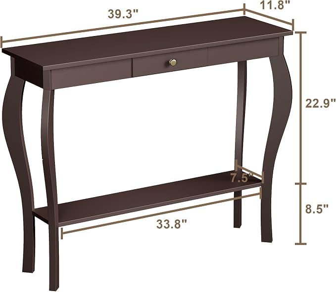 ChooChoo Narrow Console Table with Drawer, Chic Accent Sofa Entryway Table with Shelves for Entryway, Living Room, Hallway, Espresso