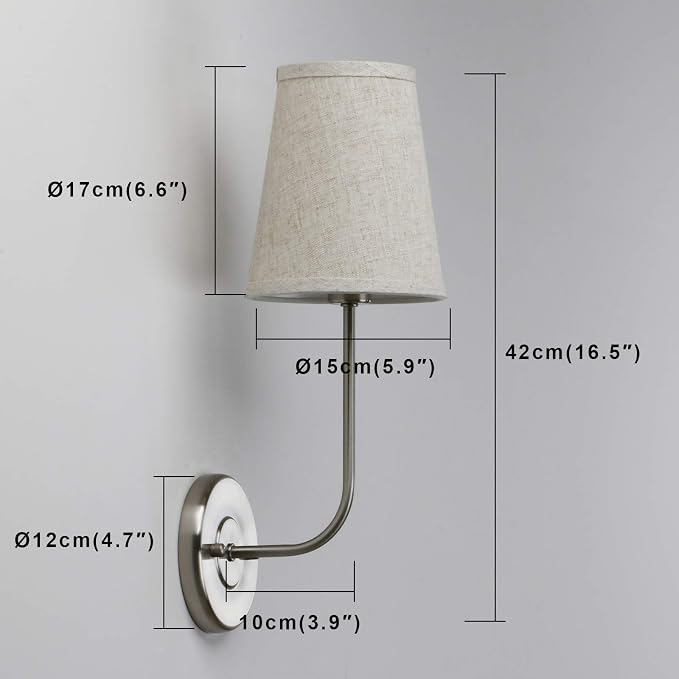 Permo Single Classic Rustic Industrial Wall Sconce Light Fixture with Flared Funnel Linen Fabric Shade Nightstand Lamps for Bedrooms Bedside Reading (Brushed)