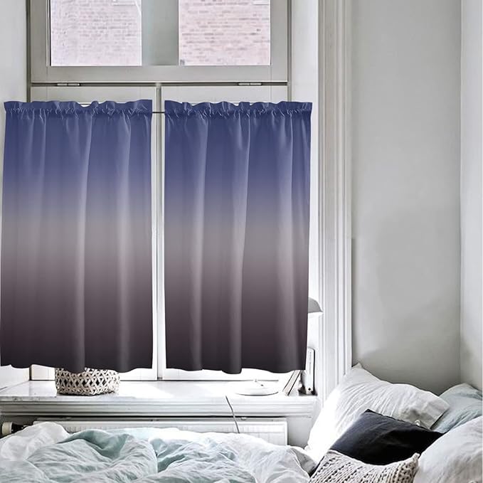 45 Inch Long Tier Curtains for Kitchen, Purple Gray Gradient Bathroom Window Curtains Rod Pocket Short Curtains Window Treatment Tiers for Living Room Farmhouse 2 Panels