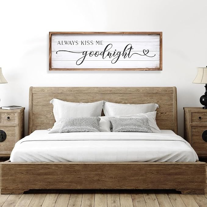 Large Above Bed Wall Decor Bedroom Sign Bedroom Decor with Solid Wood Frame for Couples, Always Kiss Me Goodnight Sign for Bedroom, Love Theme Wall Decor 42''×15''